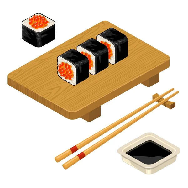 Sushi roll with caviar, chopsticks, soy sauce, wood board. — Stock Vector