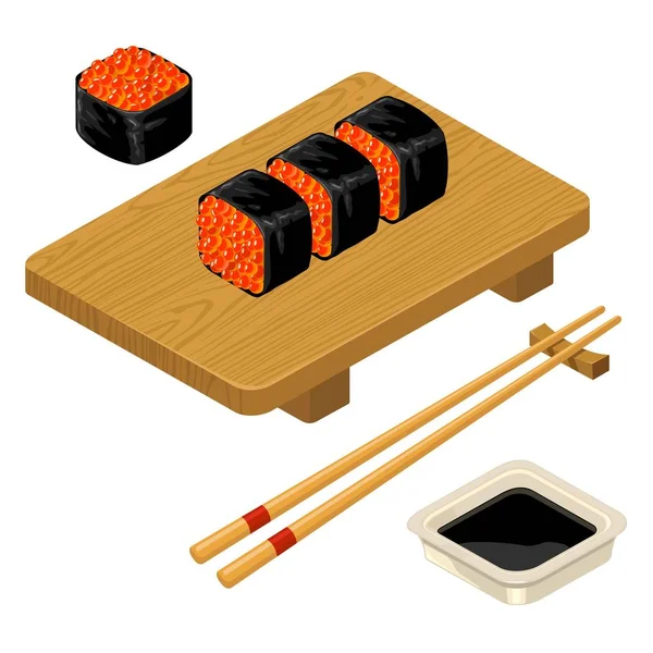 Sushi-Rolle mit Kaviar, Essstäbchen, Sojasauce, Holzbrett. — Stockvektor
