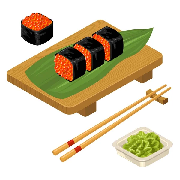 Sushi-Rolle mit Kaviar, Essstäbchen, Wasabi in der Schüssel, Holzbrett. — Stockvektor