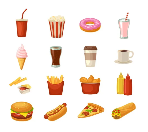 Definir ícone de fast food. Copo de cola, hambúrguer, pizza, burrito —  Vetores de Stock
