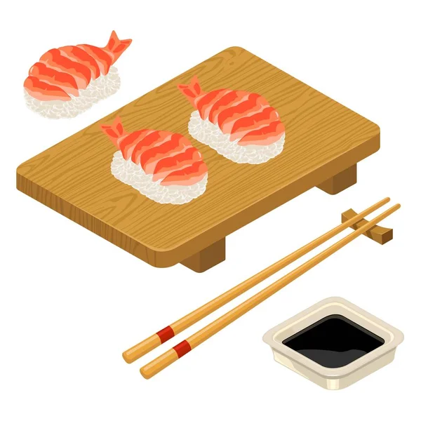 Nigiri Sushi dengan udang, sumpit, kecap, papan - Stok Vektor