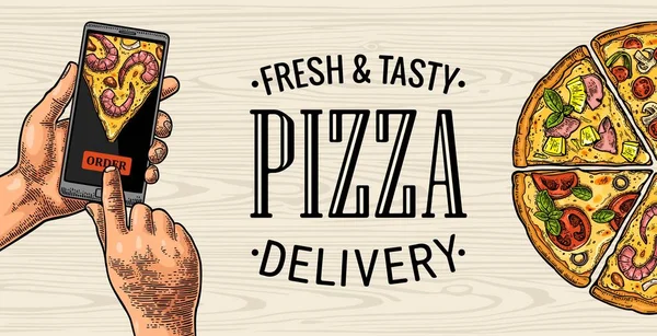 Verticale banner handen aanraken van een mobiele telefoon voor pizza bestellen — Stockvector