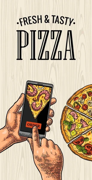 Mani banner verticali che toccano un telefono cellulare per ordinare la pizza — Vettoriale Stock