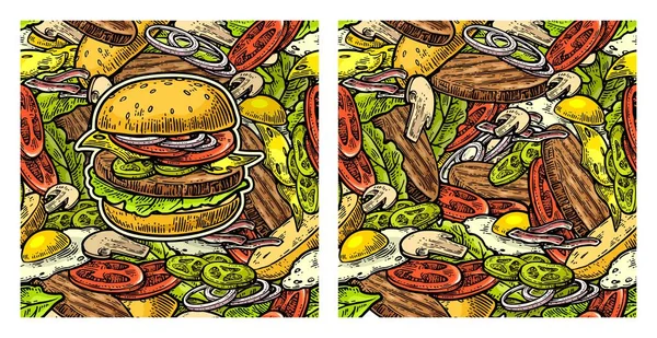 Nahtloser Musterburger und Zutaten wie Schnitzel, Tomaten, Gurken und Salat — Stockvektor