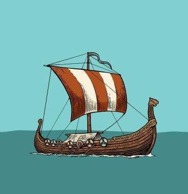 Dalgalar deniz üzerinde yüzen Drakkar.