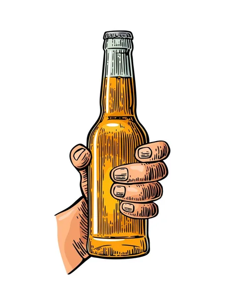 Mão masculina segurando garrafa de cerveja. Cor vintage gravura vetor ilustração —  Vetores de Stock