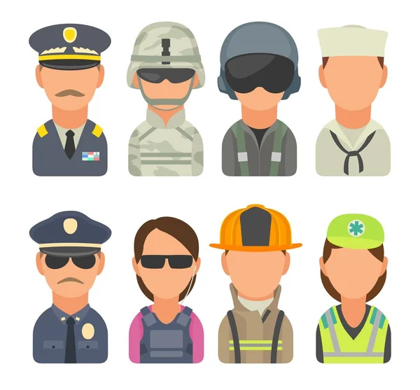 Ikonen personer - soldat, officer, pilot, marine, sjöman, polisen, livvakt, brandman, sjukvårdare. — Stock vektor