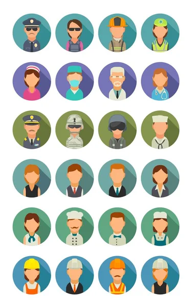 Sett ikon forskjellige yrker. Karakterkokk, byggmester, forretnings-, hær- og medisinsk personell . – stockvektor