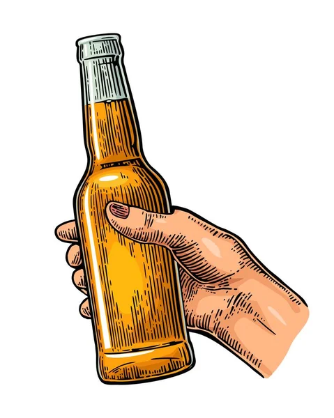 Female hand holding open bottle beer. Color vintage engraving vector illustration — Stock Vector