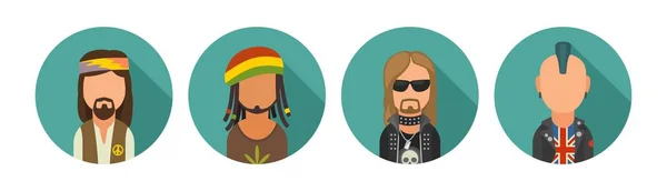 Setzen Ikone verschiedenen Subkulturen Menschen. Hipster, Rapper, emo, rastafarian, punk, biker, goths, hippy, metalhead, steampunk, skinhead, cybergoth. — Stockvektor
