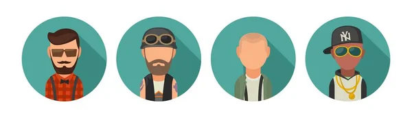 Establecer icono diferentes subculturas personas. Hipster, motociclista, skinhead, violador . — Vector de stock