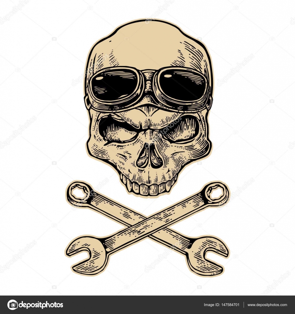 Wrench and skull tattoo