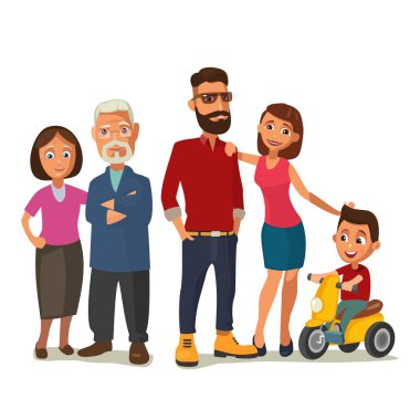 Mutlu bir aile. Anne, büyükanne ve büyükbaba ve çocuk bir üç tekerlekli bisiklet üzerinde.