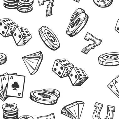 Sorunsuz imkanı desen Casino sembolleri ayarlayın. Etiket, poster, web, simge, afiş için beyaz arka plan üzerinde siyah ve beyaz vintage vektör çizim.