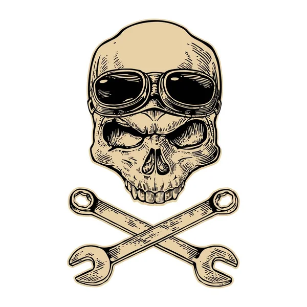 Calavera sonriendo con gafas para moto en la frente y llave inglesa. Ilustración de vector negro vintage. Para el cartel y el club de motociclistas tatuaje. Elemento de diseño dibujado a mano aislado sobre fondo blanco . — Vector de stock