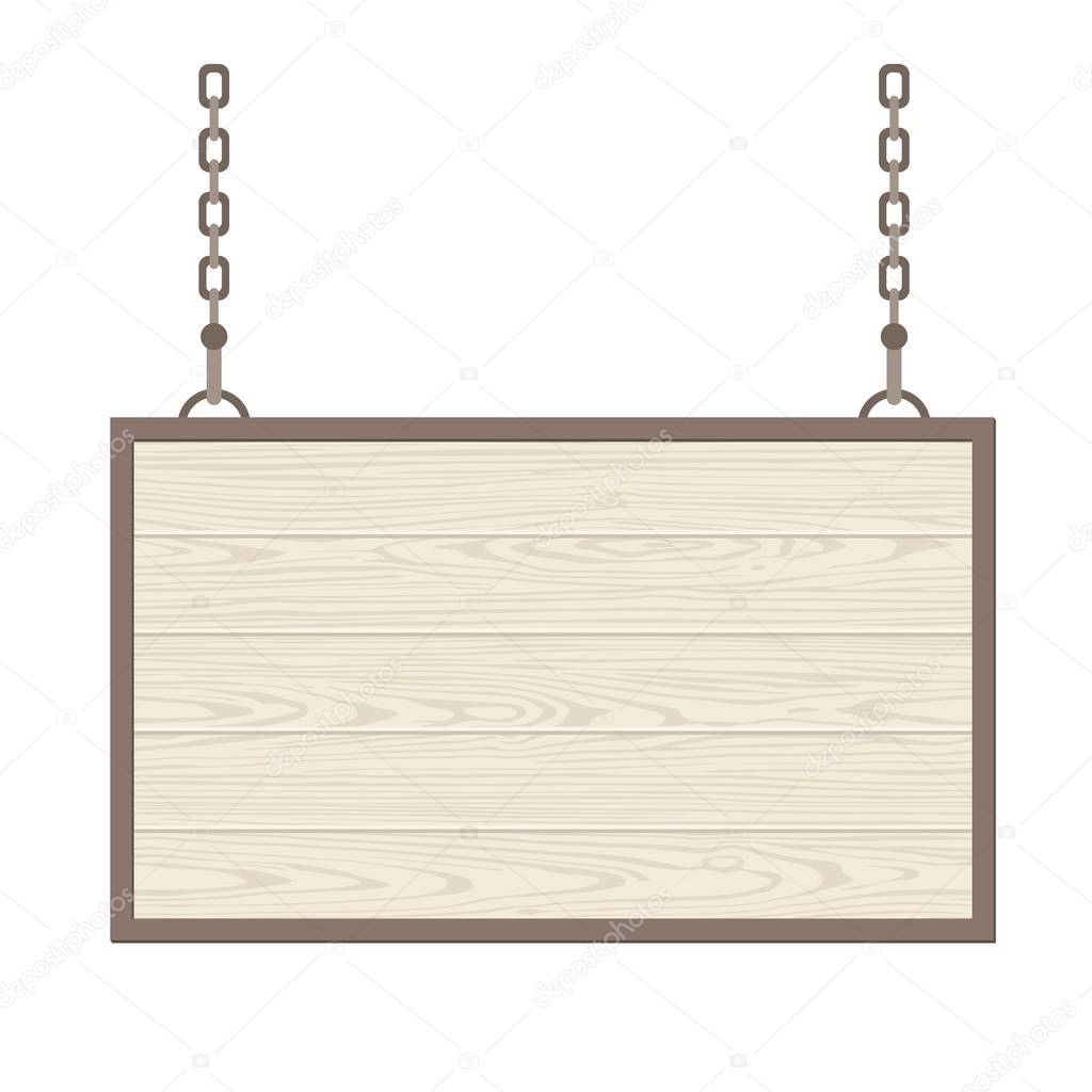 Blank rectangular wooden signboard hanging on metallic chain. Vector flat monochrome