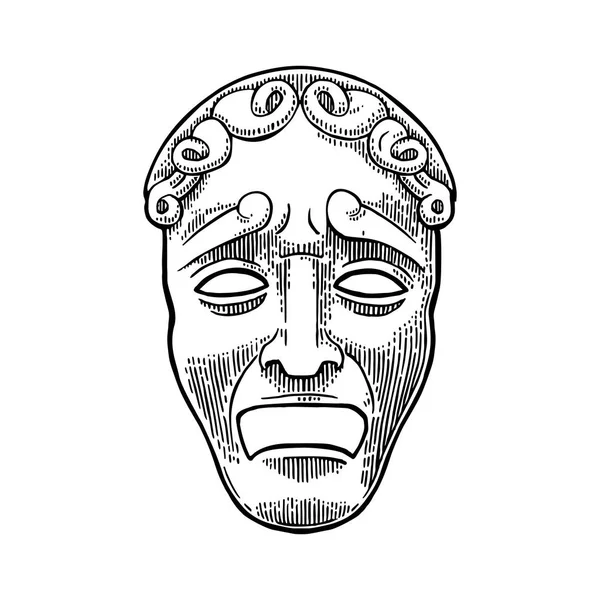 Máscara de teatro de tragedia. Grabado vectorial ilustración negra vintage — Vector de stock