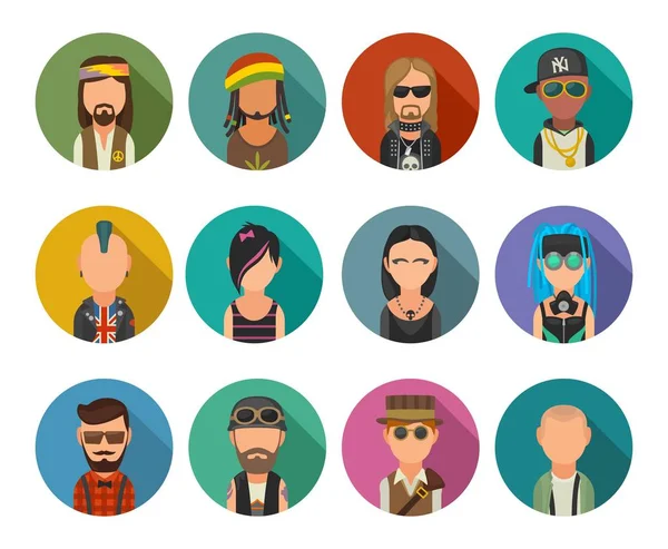 Establecer icono diferentes subculturas personas. Hipster, violador, emo, rastafarian, punk, motorista, gótico, hippy, metalhead, steampunk, skinhead, cybergoth . — Vector de stock