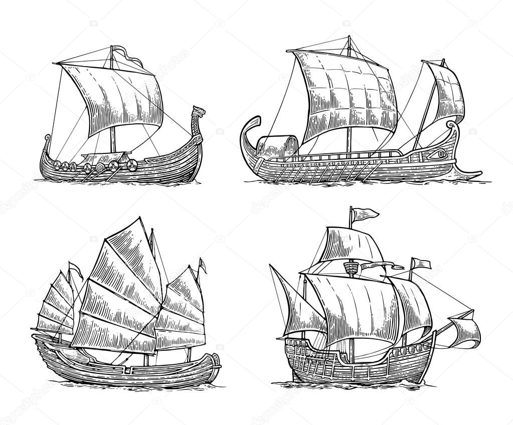 Trireme, caravel, drakkar, junk. Set sailing ships floating sea waves.