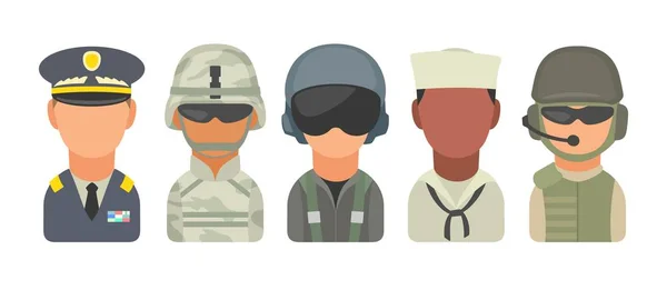 Ange ikon karaktär militärer. Soldat, officer, pilot, marine, sjöman, trooper — Stock vektor