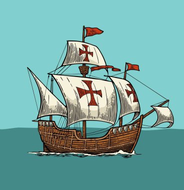 Dalgalar deniz üzerinde yüzen gemi yelken. Caravel Santa Maria.