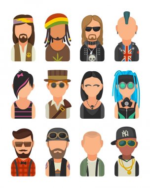 Set icon different subcultures people. Hipster, raper, emo, rastafarian, punk, biker, goth, hippy, metalhead, steampunk, skinhead, cybergoth. clipart