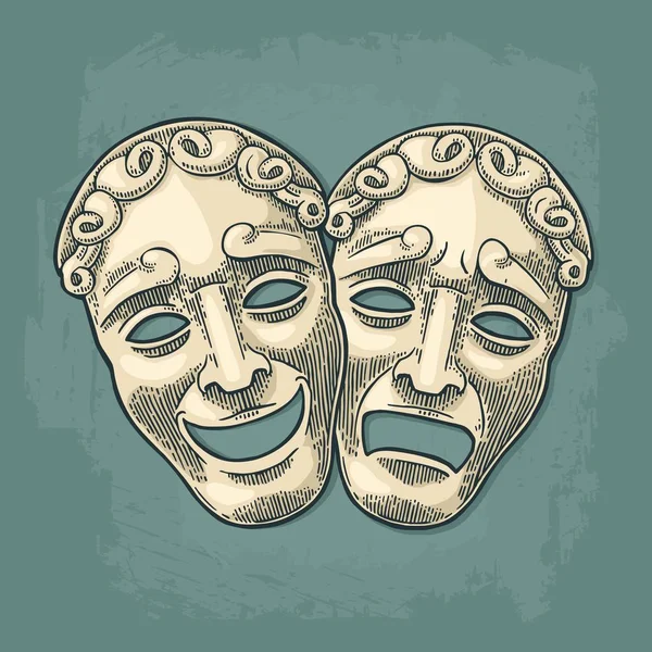 Komedi och tragedi teater masker. Vektorillustration gravyr vintage svart — Stock vektor
