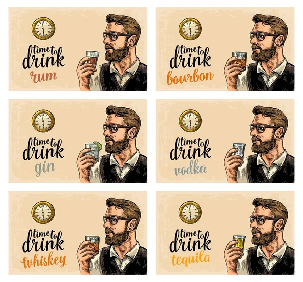 Hipster tenant un verre boissons alcoolisées et montre de poche antique . — Image vectorielle