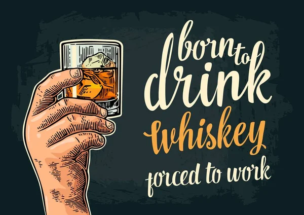 Main masculine tenant un verre avec du whisky et des glaçons — Image vectorielle