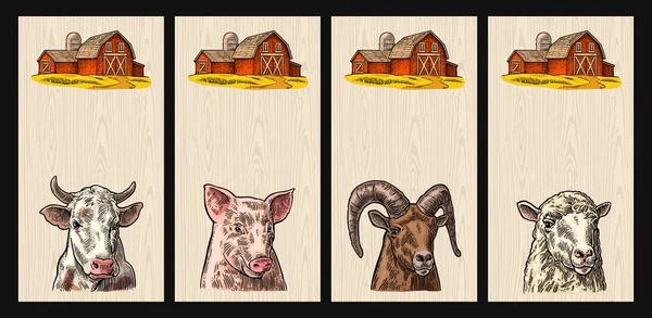 Pig, cow, sheep and goat heads isolated on wood background. — Stock Vector