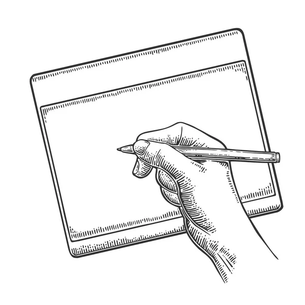 Mão escreve no estilete tablet. Vector gravura vintage preto — Vetor de Stock