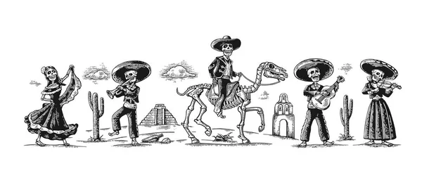 Tag der Toten, dia de los muertos. das Skelett in den mexikanischen Nationaltrachten tanzt, singt und spielt Gitarre. — Stockvektor