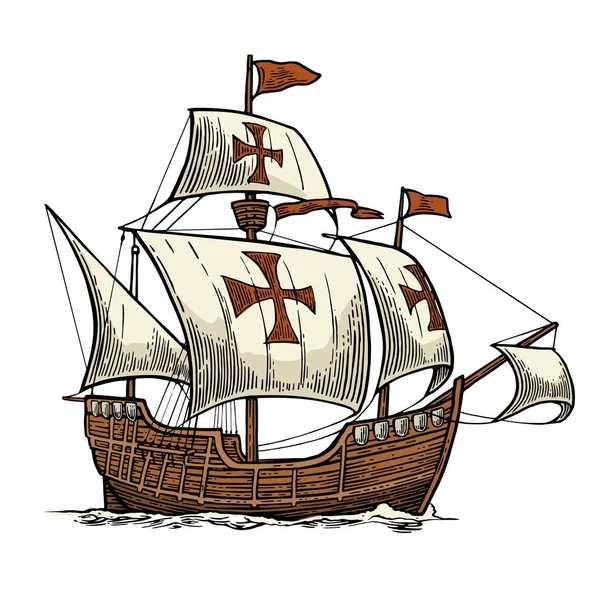 Loď plující na vlnách moře. Caravel Santa Maria. — Stockový vektor