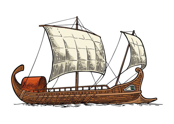 Trireme floating on the sea waves. intage vector engraving illustration