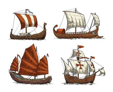 Pruvasına, caravel, drakkar, önemsiz. Dalgalar deniz yüzen gemi yelken ayarla.