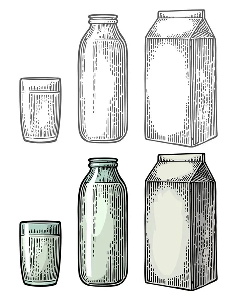 Boîte de lait paquet carton, verre et bouteille . — Image vectorielle