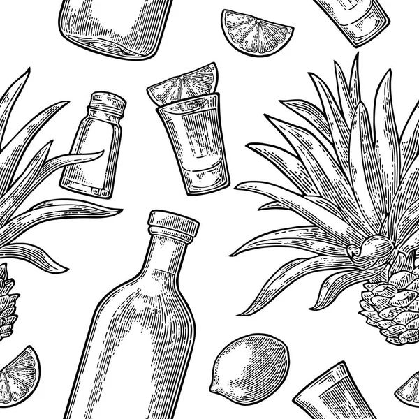 Modèle sans couture de bouteille, tequila en verre, sel, cactus et citron vert — Image vectorielle