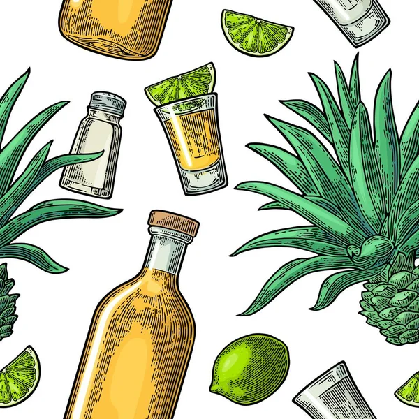 Patrón sin costuras de botella, tequila de vidrio, sal, cactus y lima — Vector de stock