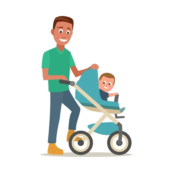 Il padre porta il bambino in carrozzina. Colore vettore piatto — Vettoriale Stock