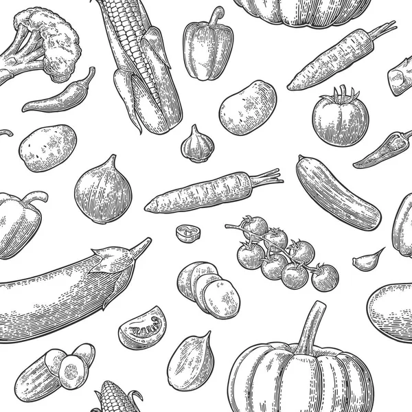 Nahtloses Muster-Gemüse. Gurken, Knoblauch, Mais, Paprika, Brokkoli, Kartoffeln, Karotten, — Stockvektor