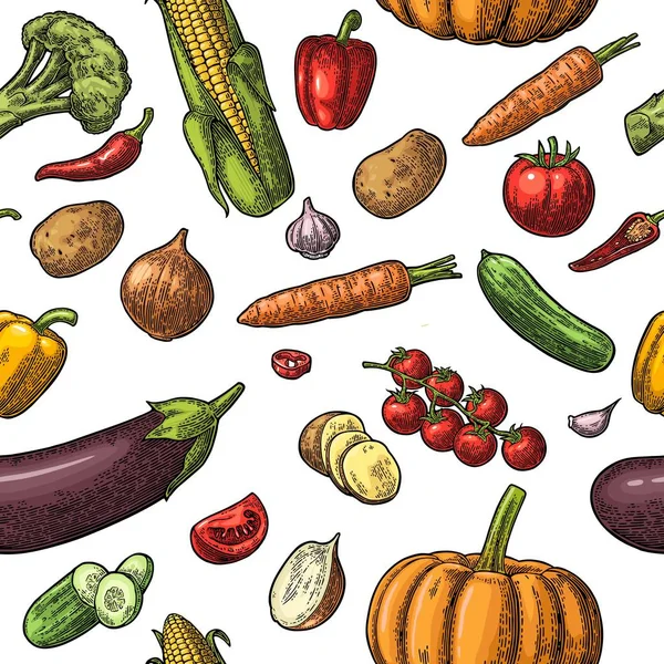 Légumes à motifs sans couture. Concombres, ail, maïs, poivre, brocoli, pomme de terre, carotte, — Image vectorielle