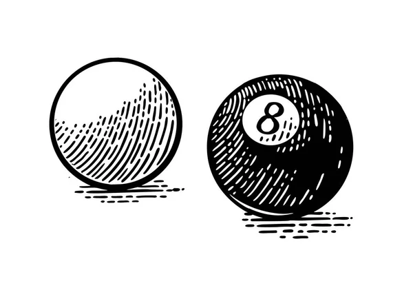 Белые и восемь бильярдных шаров. Винтажная чёрная гравировка — стоковый вектор