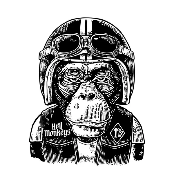 Mono en el casco de la motocicleta y gafas. Grabado negro vintage — Vector de stock