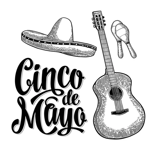 Написи Сінко де Майо і гітара, маракаси та сомбреро. — стоковий вектор