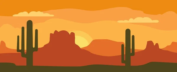 Panorama dağlar ve kaktüs ile günbatımı gökyüzü. Vektör düz çizim — Stok Vektör