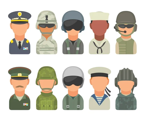 Het vastgestelde pictogram karakter militairen. Soldaat, officier, piloot, marine, matroos, trooper — Stockvector