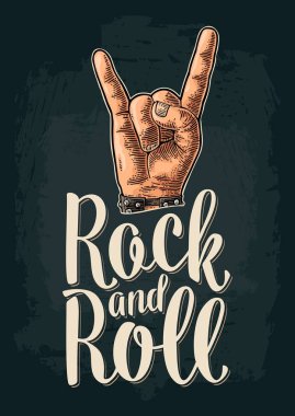 Rock and Roll işareti. Vektör siyah vintage oyulmuş çizim.