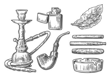 Vintage Sigara Tütün öğeleri kümesi. Nargile, çakmak, Sigara, puro, kül tablası, boru, yaprak, ağızlık.