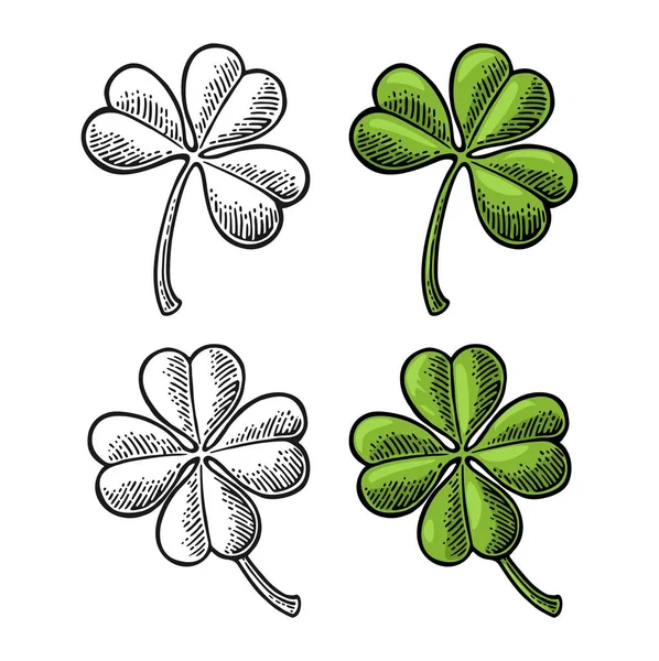 Good luck vier en drie leaf clover. Vintage vector kleur en zwarte afbeelding voor info afbeelding, poster, web gravure. Zwart op witte achtergrond — Stockvector