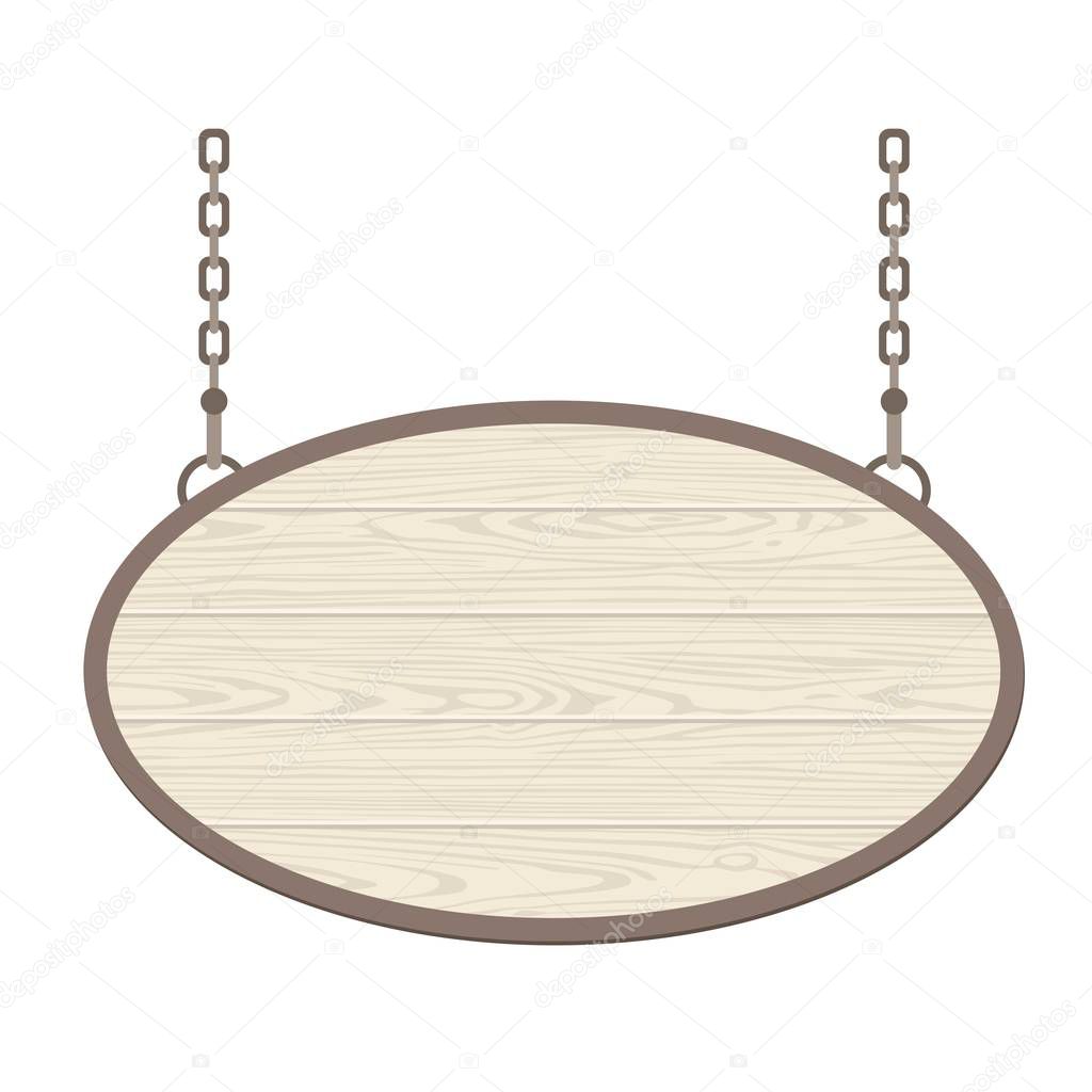 Blank oval wooden signboard hanging on metallic chain. Vector flat monochrome